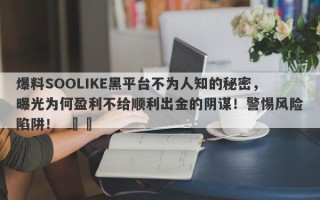 爆料SOOLIKE黑平台不为人知的秘密，曝光为何盈利不给顺利出金的阴谋！警惕风险陷阱！  ​​